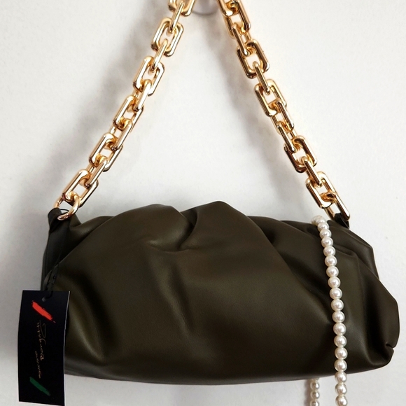 Silvano Borgatti Handbags - SB9945 Olive 💯 soft ITALIAN LEATHER clutch w/thick chain,pearl strap & tie cord